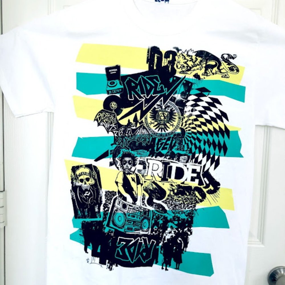 Men white short sleeve t-shirt w print "RIDE", M